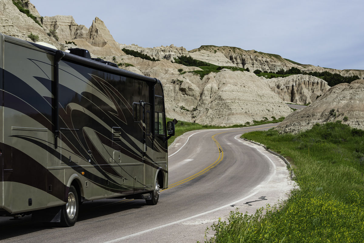 Motorhome driving in badlands